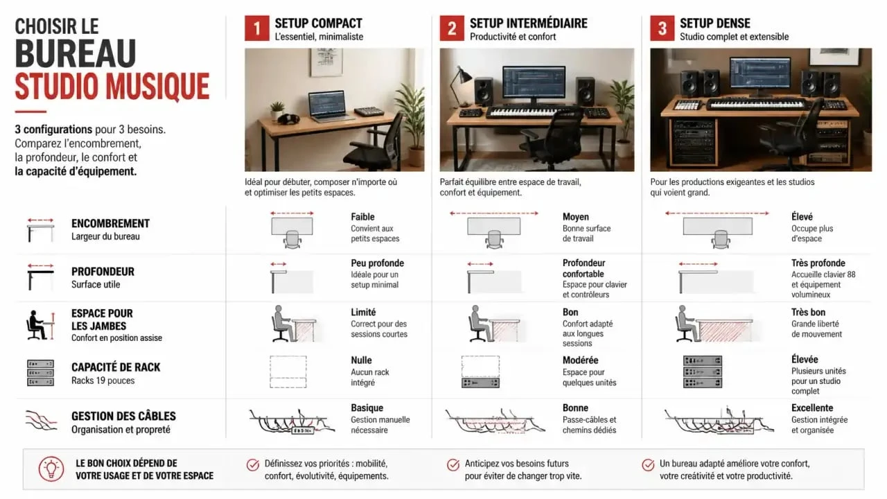 Infographie comparative pour choisir un bureau studio musique selon l’encombrement, le clavier et le matériel en rack