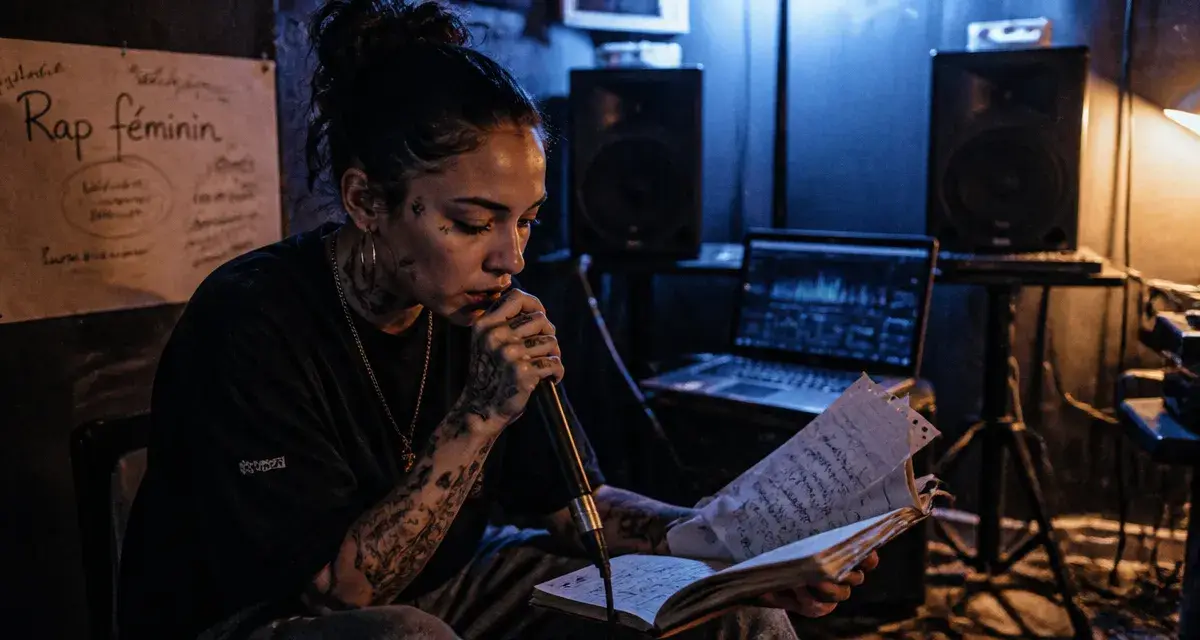 Femme rappeuse en répétition, micro et affiche Rap féminin