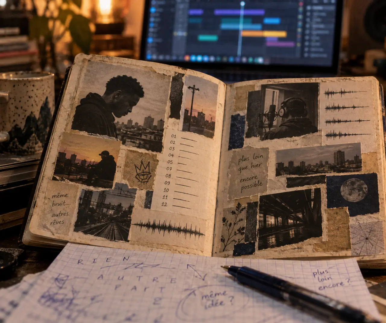 Rap jeu : pochettes et timeline sur un carnet, vue de table