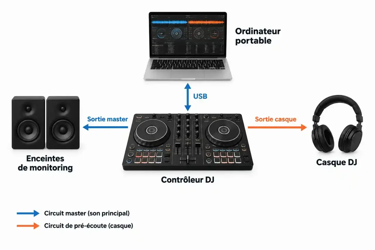 Schéma du branchement d'un matériel DJ débutant : contrôleur, ordinateur, casque pour la pré-écoute et enceintes sur la sortie master