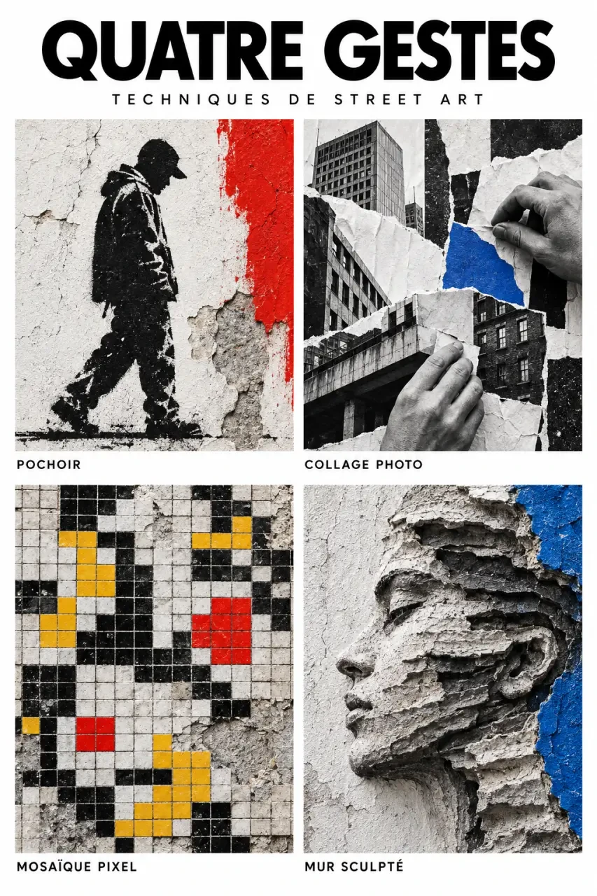 Artiste street art illustré par quatre techniques : pochoir, collage, mosaïque et sculpture murale
