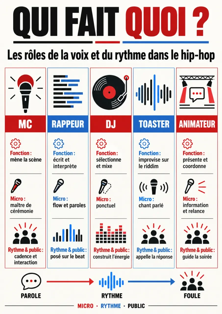 Infographie mcs rap : différences entre MC, rappeur, DJ, toaster et animateur