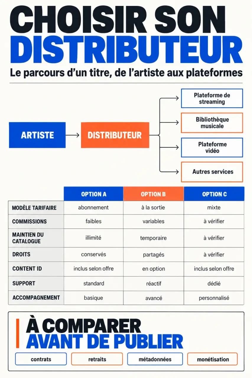 Infographie comparative pour choisir un distributeur de musique selon les tarifs, les droits et le maintien du catalogue