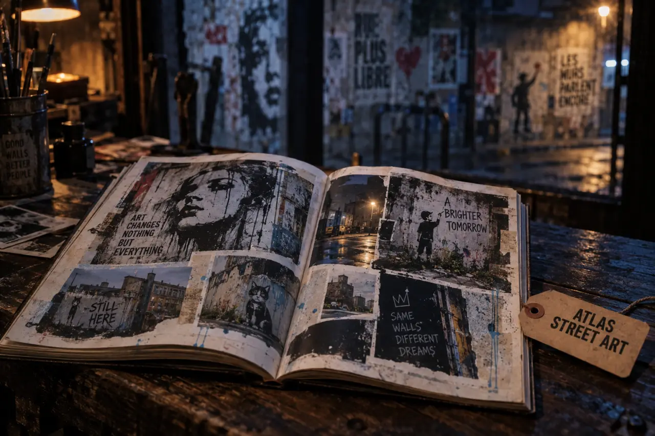 Livre street art Atlas sur table, pochoirs en arrière-plan